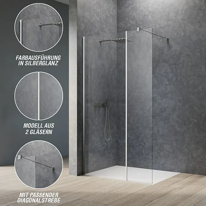 Camargue Meran Mix & Match Duschwand - B x H: 100 x 200 cm, Beschichtet, Silberglanz, Ausführungseigenschaft: B: 570mm Klarglas + B: 400mm Klarglas, Glänzend - Ganzglasdusche mit silberglänzenden Profilen, bestehend aus zwei Glaselementen und einer diagonalen Stabilisierungsstange, im modernen Bad.