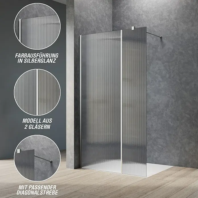 Camargue Meran Mix & Match Duschwand - B x H: 90 x 200 cm, Beschichtet, Silberglanz, Ausführungseigenschaft: B: 570mm Wellenglas + B: 300mm Wellenglas, Glänzend - Gerippte Glas-Duschwand mit zwei Paneelen und silberglänzendem Rahmen, mit Diagonalsstrebe in modernem Bad installiert.