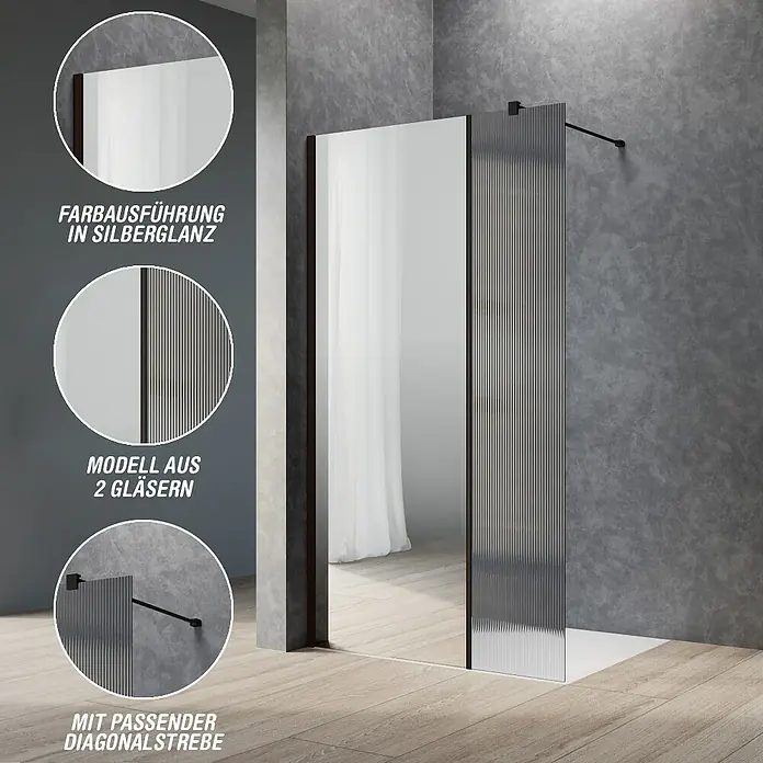 Camargue Meran Mix & Match Duschwand - B x H: 90 x 200 cm, Beschichtet, Schwarz, B: 570mm Spiegelglas + B: 300mm Wellenglas - Moderne Walk-in-Dusche mit Klarglas- und Rillenverglasung, silberglänzendem Rahmen und Diagonalstrebe im Bad.