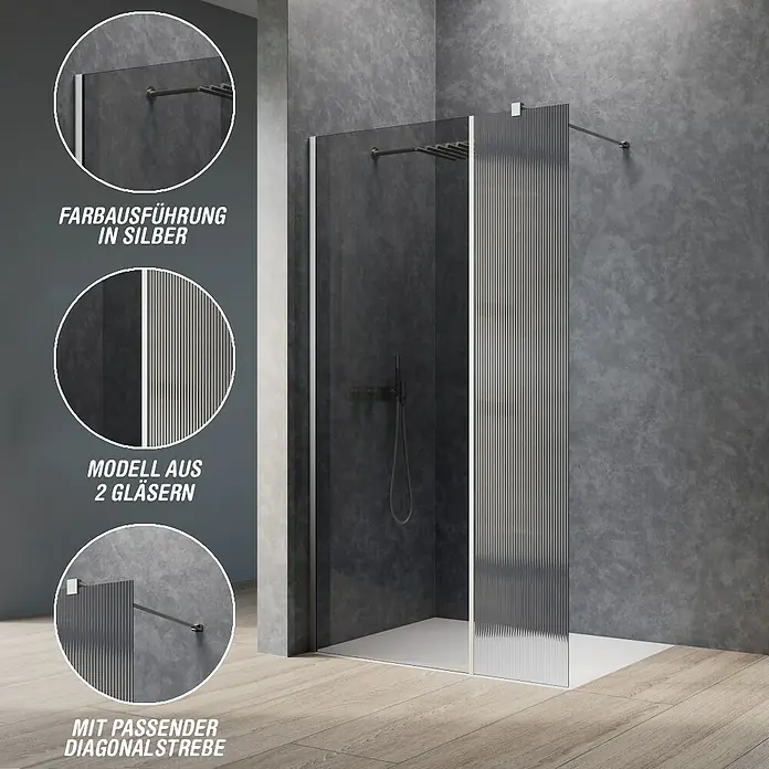 Camargue Meran Mix & Match Duschwand - B x H: 140 x 200 cm, Beschichtet, Silber, B: 970mm Grau + B: 400mm Wellenglas - Moderne Duschabtrennung mit Klarglas und Riffelglas, silbernen Profilen und einer diagonalen Stabilisierungsstange.
