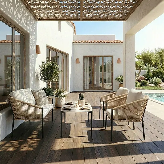 Conjunto de muebles Echo - 4 pzs., Acero/Cuerda, Beige/Negro - Conjunto de patio exterior con sofá de cuerda trenzada, dos sillas con cojines claros y mesa de centro blanca sobre tarima de madera oscura.