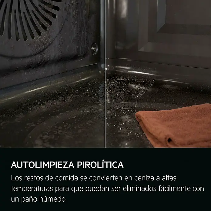 AEG Horno empotrado TR6PB531SB - Número de tipos de calentamiento: 9 ud., 72 l - Interior de horno sucio antes y después de la limpieza pirolítica, con ceniza fácilmente eliminada con un paño.