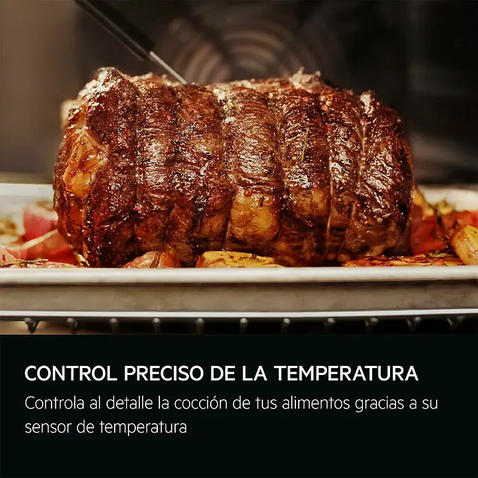 AEG Horno empotrado TR6PB531SB - Número de tipos de calentamiento: 9 ud., 72 l - Un asado de carne perfectamente cocido con una sonda de temperatura digital insertada, sobre una bandeja de horno, ilustrando un control de cocción preciso.