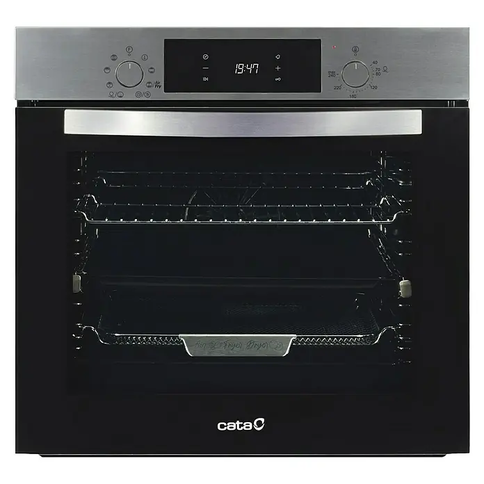Cata Horno empotrado 8008 X Air Fryer - Número de tipos de calentamiento: 8 ud., Volumen horno: 80 l - Horno empotrado negro con panel de control de acero inoxidable, pantalla digital, dos perillas giratorias y una cesta "Air Fryer Dryer".