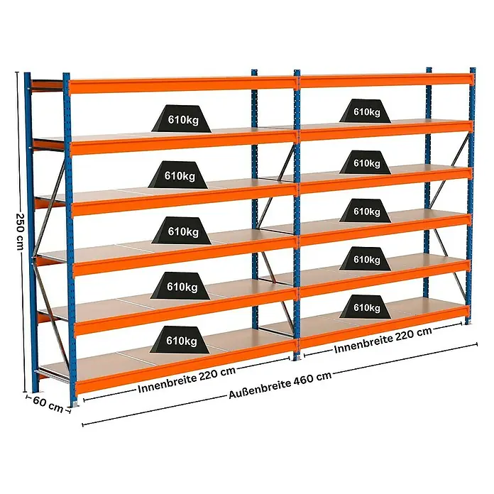 Proregal Schwerlastregal Industrie Weitspannregal MAXIMUS Pro - H x B x T: 250 x 460 x 60 cm, Traglast pro Boden: 610 kg, Anzahl Böden: 6 Stk., Stecken, Blau/Orange