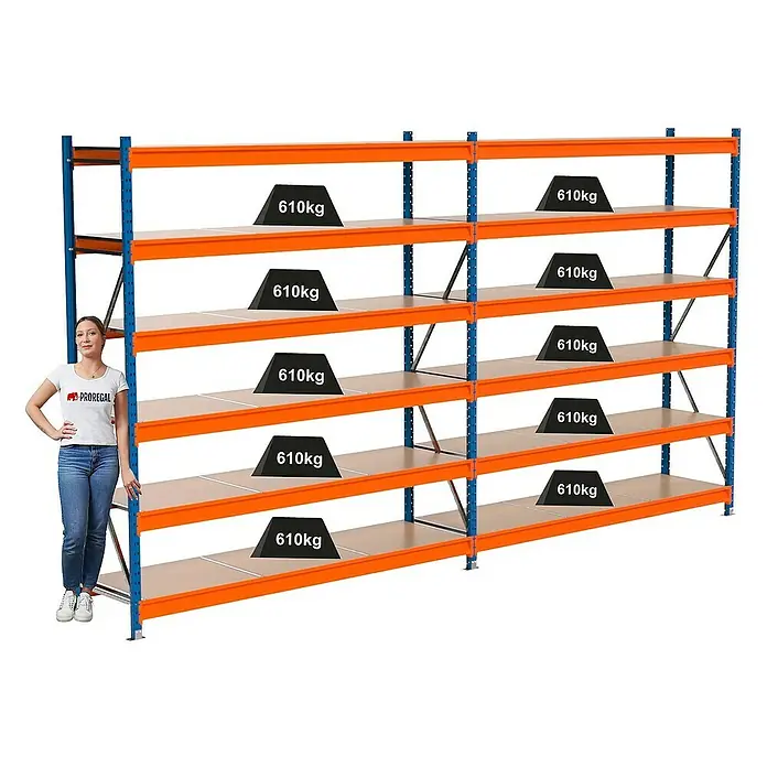 Proregal Schwerlastregal Industrie Weitspannregal MAXIMUS Pro - H x B x T: 250 x 460 x 60 cm, Traglast pro Boden: 610 kg, Anzahl Böden: 6 Stk., Stecken, Blau/Orange