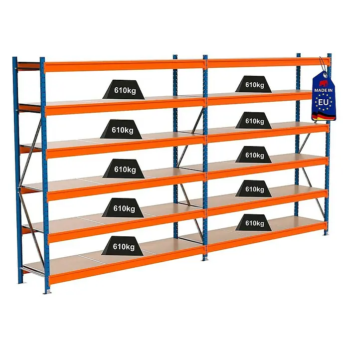 Proregal Schwerlastregal Industrie Weitspannregal MAXIMUS Pro - H x B x T: 250 x 460 x 60 cm, Traglast pro Boden: 610 kg, Anzahl Böden: 6 Stk., Stecken, Blau/Orange