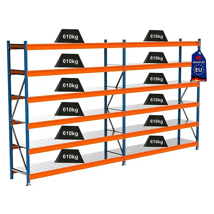 Proregal Schwerlastregal Industrie Weitspannregal MAXIMUS Pro - H x B x T: 250 x 460 x 60 cm, Traglast pro Boden: 610 kg, Anzahl Böden: 6 Stk., Stecken, Blau/Orange