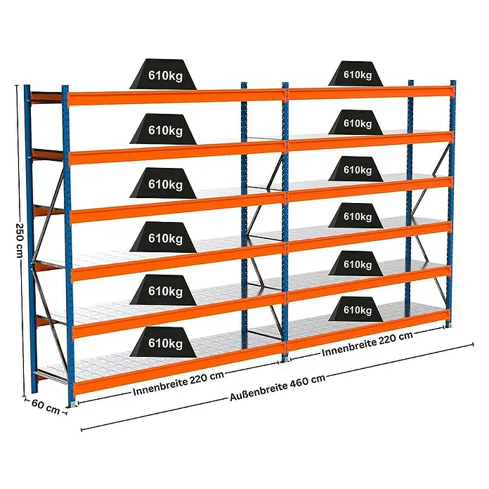 Proregal Schwerlastregal Industrie Weitspannregal MAXIMUS Pro - H x B x T: 250 x 460 x 60 cm, Traglast pro Boden: 610 kg, Anzahl Böden: 6 Stk., Stecken, Blau/Orange