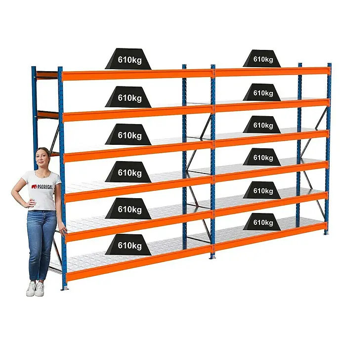 Proregal Schwerlastregal Industrie Weitspannregal MAXIMUS Pro - H x B x T: 250 x 460 x 60 cm, Traglast pro Boden: 610 kg, Anzahl Böden: 6 Stk., Stecken, Blau/Orange