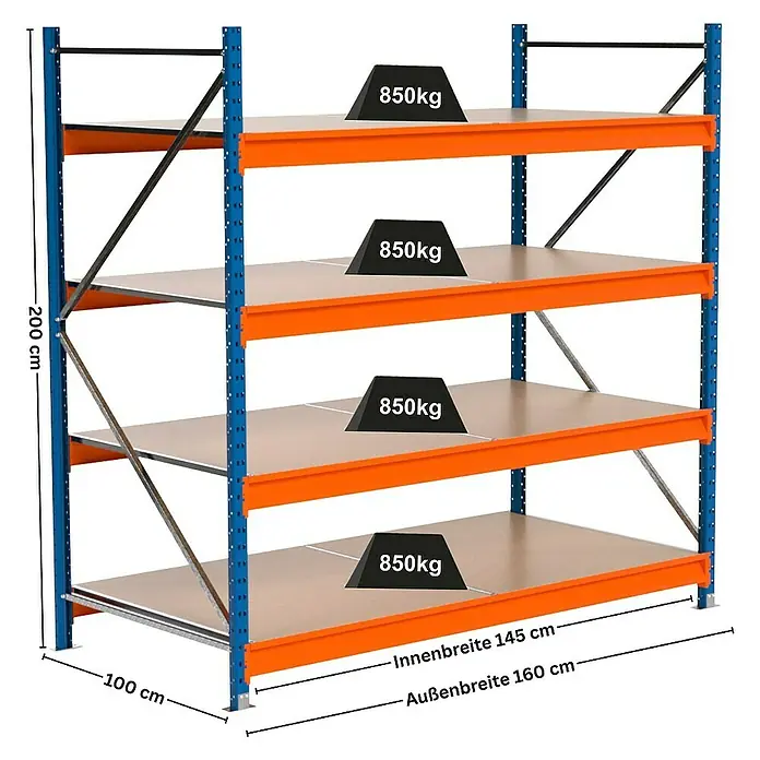 Proregal Schwerlastregal Industrie Weitspannregal MAXIMUS Pro - H x B x T: 200 x 210 x 100 cm, Traglast pro Boden: 690 kg, Anzahl Böden: 4 Stk., Stecken, Blau/Orange