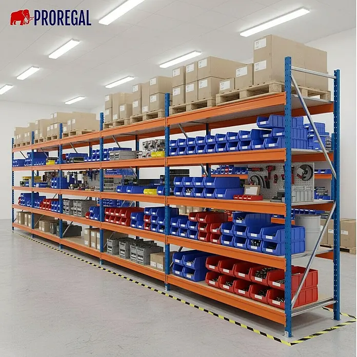 Proregal Schwerlastregal Industrie Weitspannregal MAXIMUS Pro - H x B x T: 200 x 210 x 100 cm, Traglast pro Boden: 690 kg, Anzahl Böden: 4 Stk., Stecken, Blau/Orange