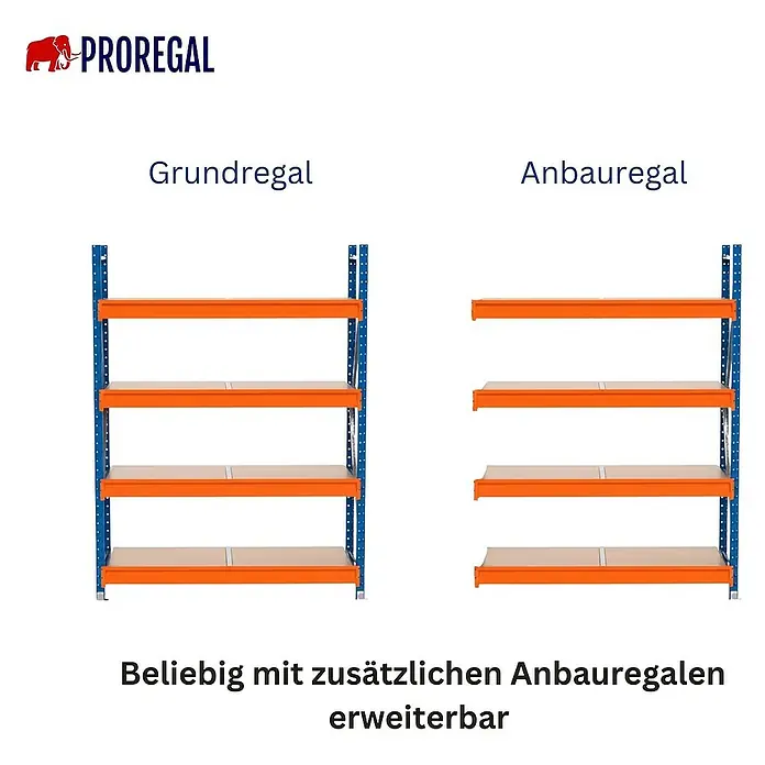 Proregal Schwerlastregal Industrie Weitspannregal MAXIMUS Pro - H x B x T: 200 x 210 x 100 cm, Traglast pro Boden: 690 kg, Anzahl Böden: 4 Stk., Stecken, Blau/Orange