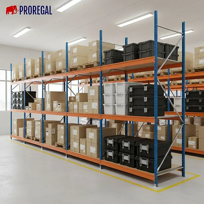 Proregal Schwerlastregal Industrie Weitspannregal MAXIMUS Pro - H x B x T: 200 x 210 x 100 cm, Traglast pro Boden: 690 kg, Anzahl Böden: 4 Stk., Stecken, Blau/Orange