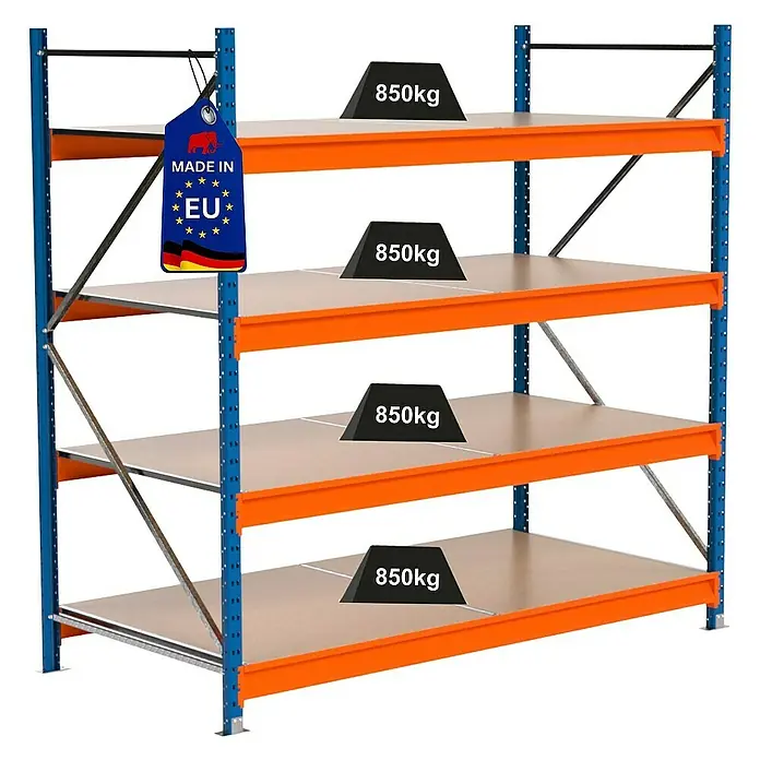 Proregal Schwerlastregal Industrie Weitspannregal MAXIMUS Pro - H x B x T: 200 x 210 x 100 cm, Traglast pro Boden: 690 kg, Anzahl Böden: 4 Stk., Stecken, Blau/Orange
