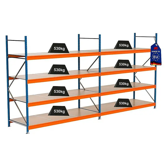 Proregal Schwerlastregal Industrie Weitspannregal MAXIMUS Pro - H x B x T: 250 x 510 x 100 cm, Traglast pro Boden: 530 kg, Anzahl Böden: 4 Stk., Stecken, Blau/Orange