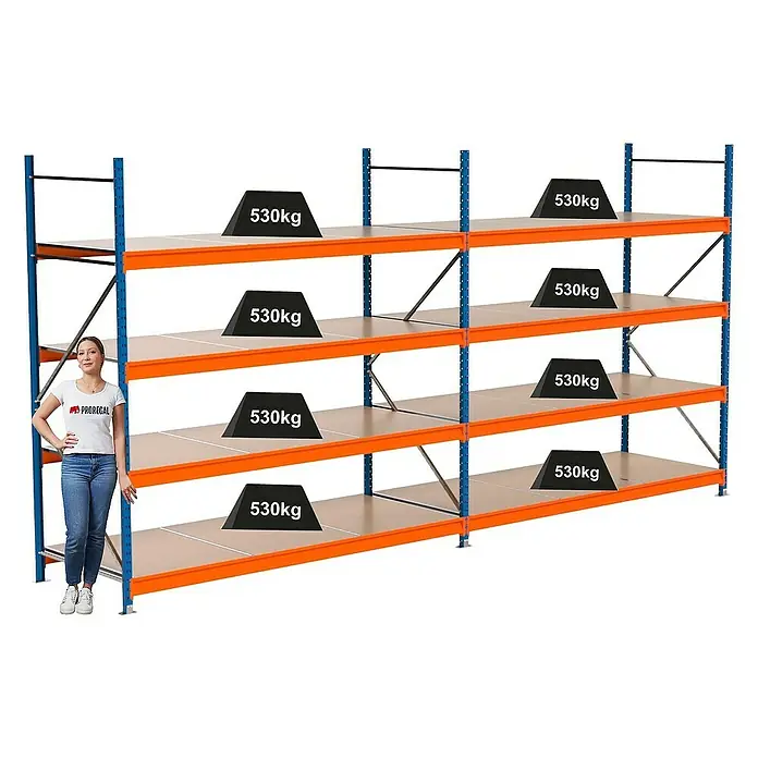 Proregal Schwerlastregal Industrie Weitspannregal MAXIMUS Pro - H x B x T: 250 x 510 x 100 cm, Traglast pro Boden: 530 kg, Anzahl Böden: 4 Stk., Stecken, Blau/Orange