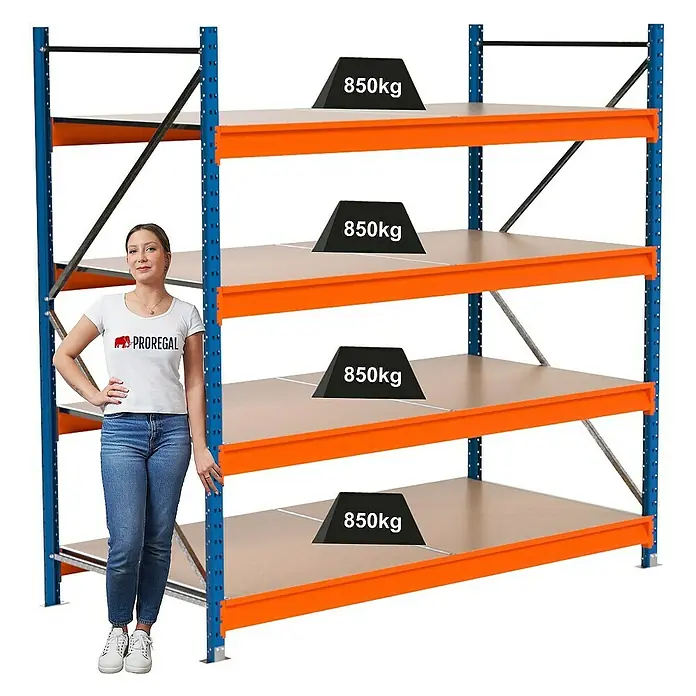 Proregal Schwerlastregal Industrie Weitspannregal MAXIMUS Pro - H x B x T: 200 x 210 x 100 cm, Traglast pro Boden: 690 kg, Anzahl Böden: 4 Stk., Stecken, Blau/Orange