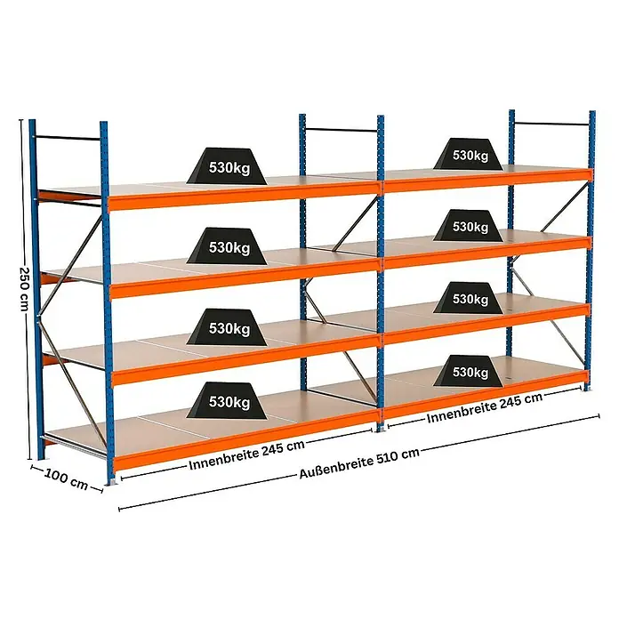 Proregal Schwerlastregal Industrie Weitspannregal MAXIMUS Pro - H x B x T: 250 x 510 x 100 cm, Traglast pro Boden: 530 kg, Anzahl Böden: 4 Stk., Stecken, Blau/Orange