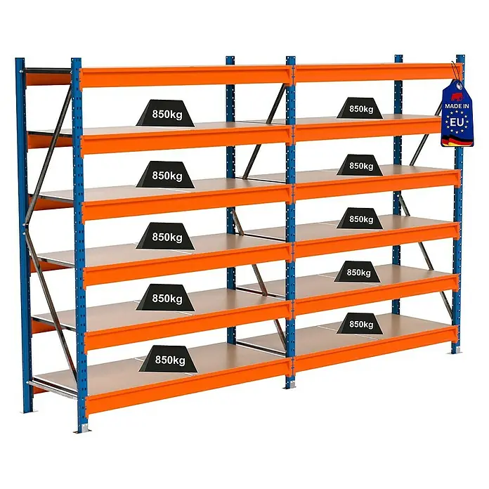 Proregal Schwerlastregal Industrie Weitspannregal MAXIMUS Pro - H x B x T: 200 x 310 x 60 cm, Traglast pro Boden: 850 kg, Anzahl Böden: 6 Stk., Stecken, Blau/Orange