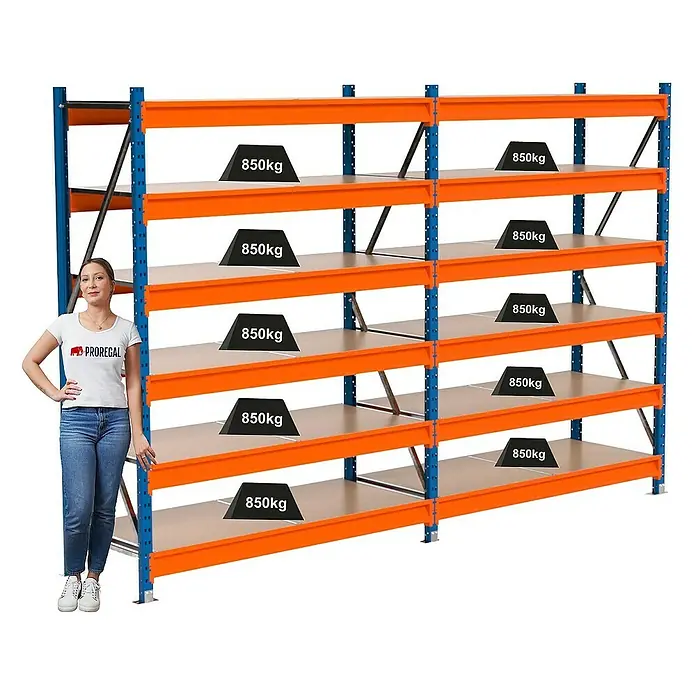 Proregal Schwerlastregal Industrie Weitspannregal MAXIMUS Pro - H x B x T: 200 x 310 x 60 cm, Traglast pro Boden: 850 kg, Anzahl Böden: 6 Stk., Stecken, Blau/Orange
