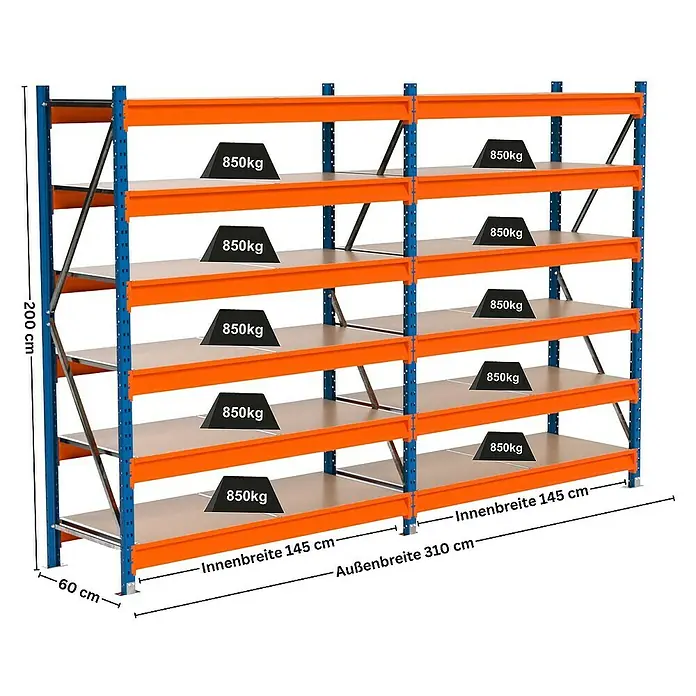 Proregal Schwerlastregal Industrie Weitspannregal MAXIMUS Pro - H x B x T: 200 x 310 x 60 cm, Traglast pro Boden: 850 kg, Anzahl Böden: 6 Stk., Stecken, Blau/Orange