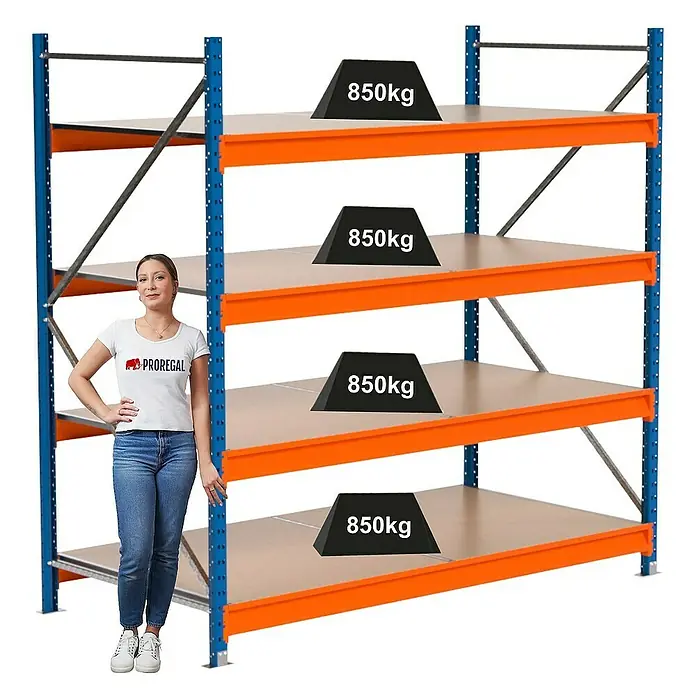 Proregal Schwerlastregal Industrie Weitspannregal MAXIMUS Pro - H x B x T: 200 x 160 x 100 cm, Traglast pro Boden: 850 kg, Anzahl Böden: 4 Stk., Stecken, Blau/Orange