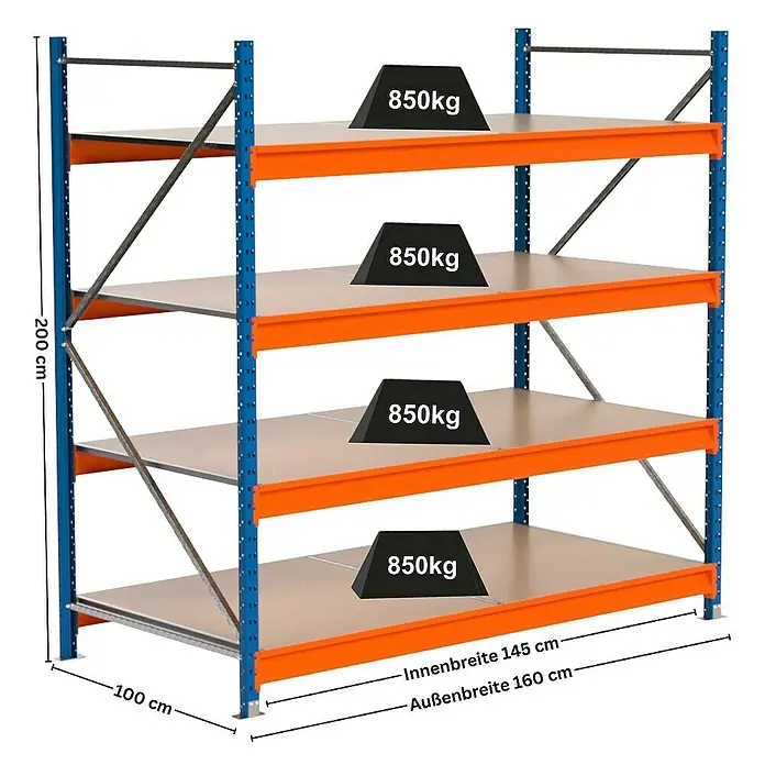 Proregal Schwerlastregal Industrie Weitspannregal MAXIMUS Pro - H x B x T: 200 x 160 x 100 cm, Traglast pro Boden: 850 kg, Anzahl Böden: 4 Stk., Stecken, Blau/Orange