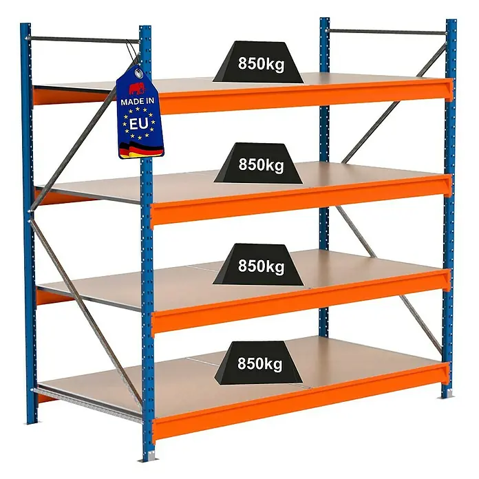 Proregal Schwerlastregal Industrie Weitspannregal MAXIMUS Pro - H x B x T: 200 x 160 x 100 cm, Traglast pro Boden: 850 kg, Anzahl Böden: 4 Stk., Stecken, Blau/Orange
