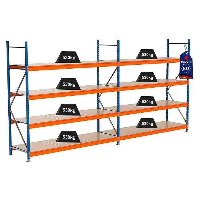 Proregal Schwerlastregal Industrie Weitspannregal MAXIMUS Pro - H x B x T: 250 x 510 x 80 cm, Traglast pro Boden: 530 kg, Anzahl Böden: 4 Stk., Stecken, Blau/Orange