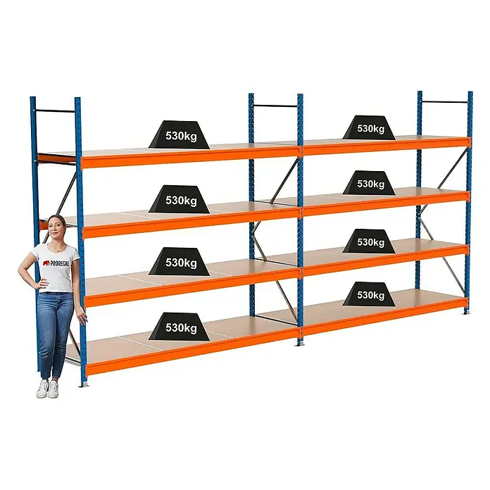 Proregal Schwerlastregal Industrie Weitspannregal MAXIMUS Pro - H x B x T: 250 x 510 x 80 cm, Traglast pro Boden: 530 kg, Anzahl Böden: 4 Stk., Stecken, Blau/Orange
