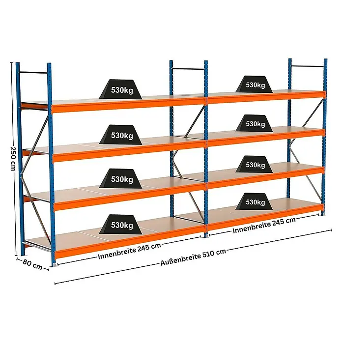 Proregal Schwerlastregal Industrie Weitspannregal MAXIMUS Pro - H x B x T: 250 x 510 x 80 cm, Traglast pro Boden: 530 kg, Anzahl Böden: 4 Stk., Stecken, Blau/Orange