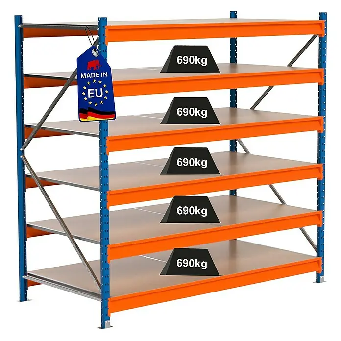Proregal Schwerlastregal Industrie Weitspannregal MAXIMUS Pro - H x B x T: 200 x 210 x 100 cm, Traglast pro Boden: 690 kg, Anzahl Böden: 6 Stk., Stecken, Blau/Orange