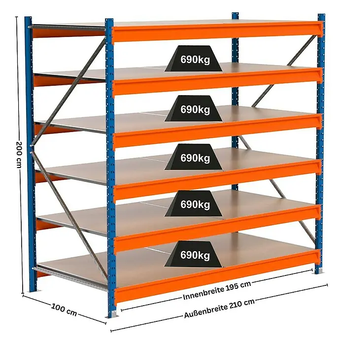 Proregal Schwerlastregal Industrie Weitspannregal MAXIMUS Pro - H x B x T: 200 x 210 x 100 cm, Traglast pro Boden: 690 kg, Anzahl Böden: 6 Stk., Stecken, Blau/Orange