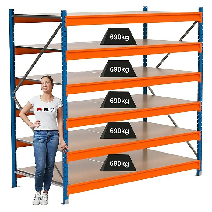 Proregal Schwerlastregal Industrie Weitspannregal MAXIMUS Pro - H x B x T: 200 x 210 x 100 cm, Traglast pro Boden: 690 kg, Anzahl Böden: 6 Stk., Stecken, Blau/Orange