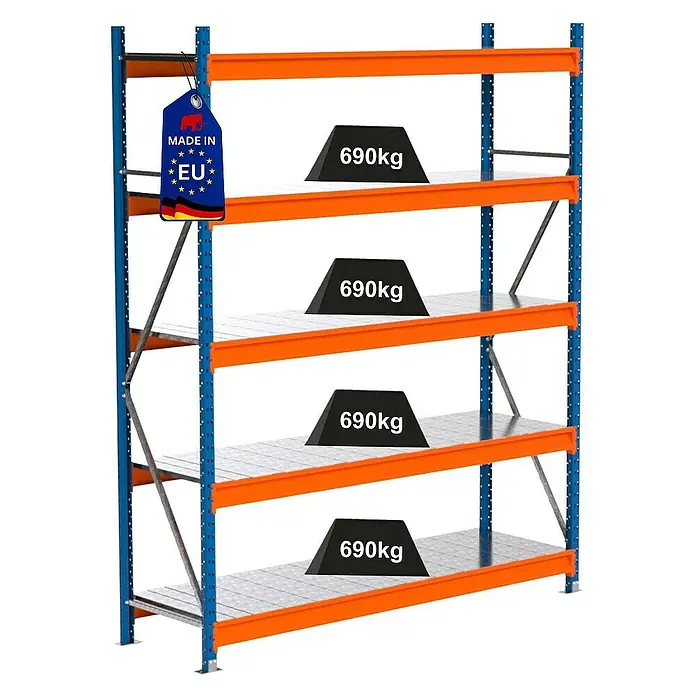 Proregal Schwerlastregal Industrie Weitspannregal MAXIMUS Pro - H x B x T: 250 x 210 x 60 cm, Traglast pro Boden: 690 kg, Anzahl Böden: 5 Stk., Stecken, Blau/Orange