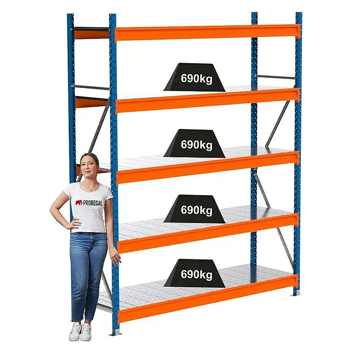 Proregal Schwerlastregal Industrie Weitspannregal MAXIMUS Pro - H x B x T: 250 x 210 x 60 cm, Traglast pro Boden: 690 kg, Anzahl Böden: 5 Stk., Stecken, Blau/Orange