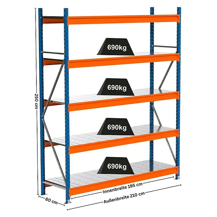 Proregal Schwerlastregal Industrie Weitspannregal MAXIMUS Pro - H x B x T: 250 x 210 x 60 cm, Traglast pro Boden: 690 kg, Anzahl Böden: 5 Stk., Stecken, Blau/Orange