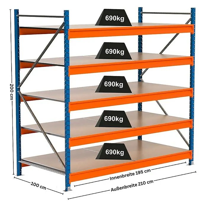 Proregal Schwerlastregal Industrie Weitspannregal MAXIMUS Pro - H x B x T: 200 x 210 x 100 cm, Traglast pro Boden: 690 kg, Anzahl Böden: 5 Stk., Stecken, Blau/Orange