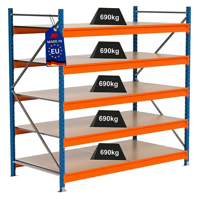 Proregal Schwerlastregal Industrie Weitspannregal MAXIMUS Pro - H x B x T: 200 x 210 x 100 cm, Traglast pro Boden: 690 kg, Anzahl Böden: 5 Stk., Stecken, Blau/Orange