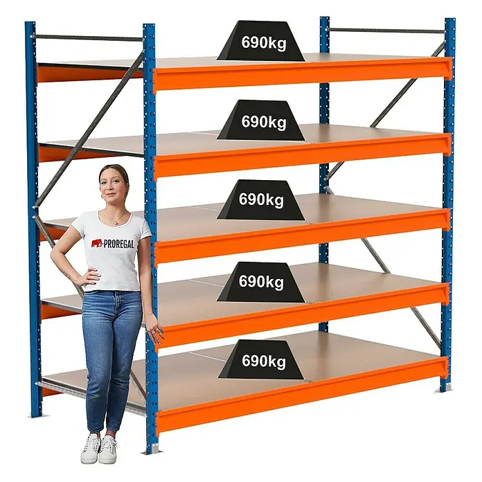 Proregal Schwerlastregal Industrie Weitspannregal MAXIMUS Pro - H x B x T: 200 x 210 x 100 cm, Traglast pro Boden: 690 kg, Anzahl Böden: 5 Stk., Stecken, Blau/Orange