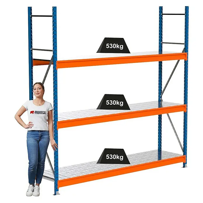 Proregal Schwerlastregal Industrie Weitspannregal MAXIMUS Pro - H x B x T: 250 x 260 x 60 cm, Traglast pro Boden: 530 kg, Anzahl Böden: 3 Stk., Stecken, Blau/Orange