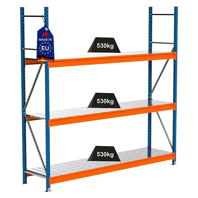 Proregal Schwerlastregal Industrie Weitspannregal MAXIMUS Pro - H x B x T: 250 x 260 x 60 cm, Traglast pro Boden: 530 kg, Anzahl Böden: 3 Stk., Stecken, Blau/Orange