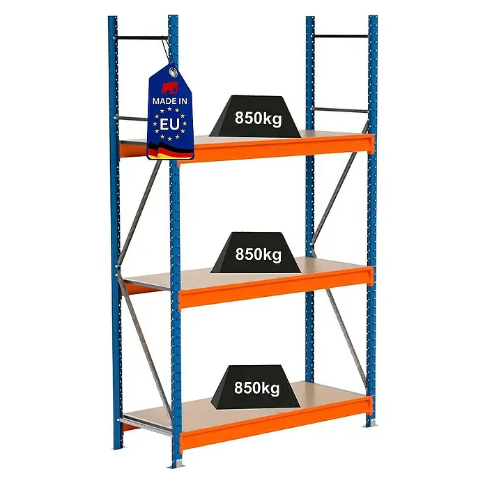 Proregal Schwerlastregal Industrie Weitspannregal MAXIMUS Pro - H x B x T: 250 x 160 x 60 cm, Traglast pro Boden: 850 kg, Anzahl Böden: 3 Stk., Stecken, Blau/Orange