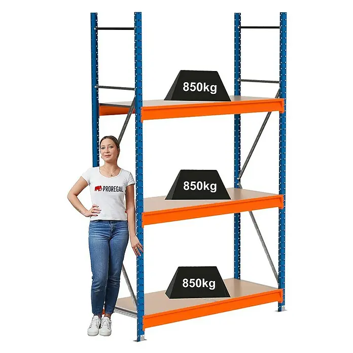 Proregal Schwerlastregal Industrie Weitspannregal MAXIMUS Pro - H x B x T: 250 x 160 x 60 cm, Traglast pro Boden: 850 kg, Anzahl Böden: 3 Stk., Stecken, Blau/Orange