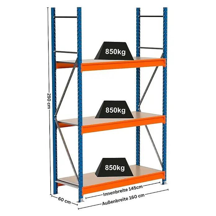 Proregal Schwerlastregal Industrie Weitspannregal MAXIMUS Pro - H x B x T: 250 x 160 x 60 cm, Traglast pro Boden: 850 kg, Anzahl Böden: 3 Stk., Stecken, Blau/Orange