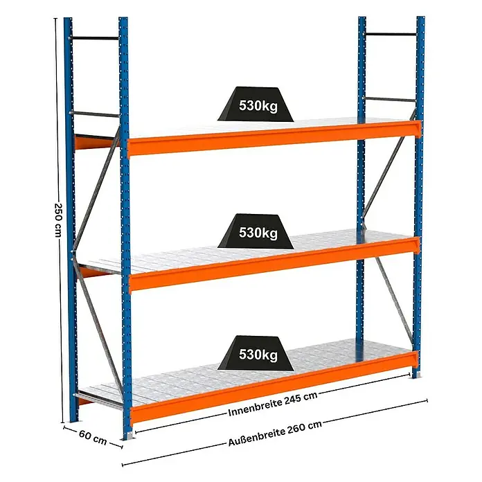 Proregal Schwerlastregal Industrie Weitspannregal MAXIMUS Pro - H x B x T: 250 x 260 x 60 cm, Traglast pro Boden: 530 kg, Anzahl Böden: 3 Stk., Stecken, Blau/Orange