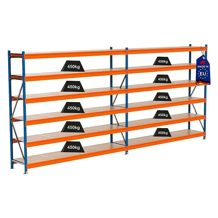 Proregal Schwerlastregal Industrie Weitspannregal MAXIMUS Pro - H x B x T: 250 x 560 x 60 cm, Traglast pro Boden: 450 kg, Anzahl Böden: 6 Stk., Stecken, Blau/Orange