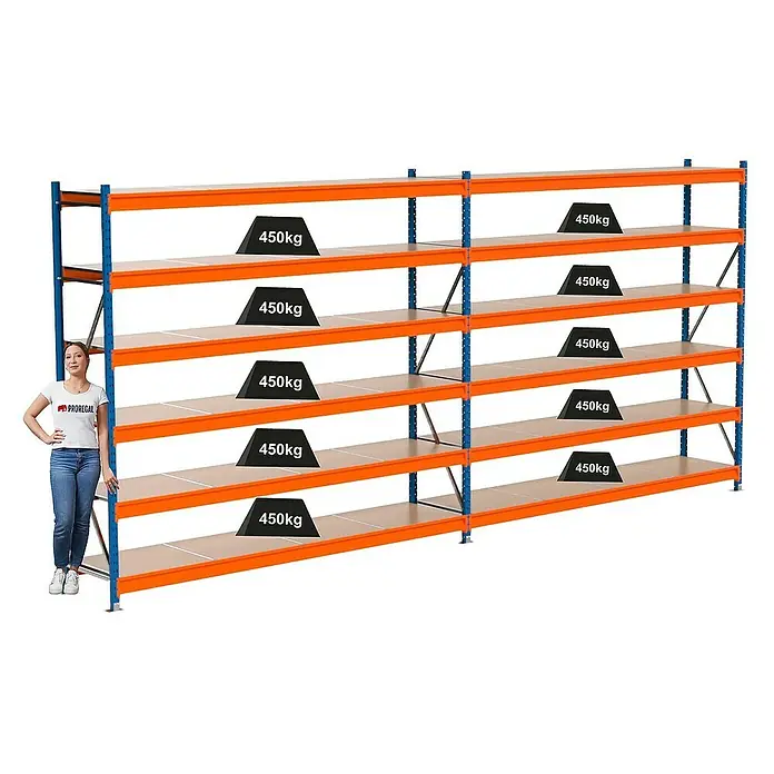 Proregal Schwerlastregal Industrie Weitspannregal MAXIMUS Pro - H x B x T: 250 x 560 x 60 cm, Traglast pro Boden: 450 kg, Anzahl Böden: 6 Stk., Stecken, Blau/Orange