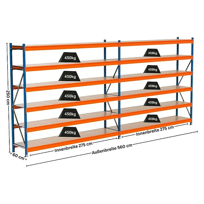 Proregal Schwerlastregal Industrie Weitspannregal MAXIMUS Pro - H x B x T: 250 x 560 x 60 cm, Traglast pro Boden: 450 kg, Anzahl Böden: 6 Stk., Stecken, Blau/Orange
